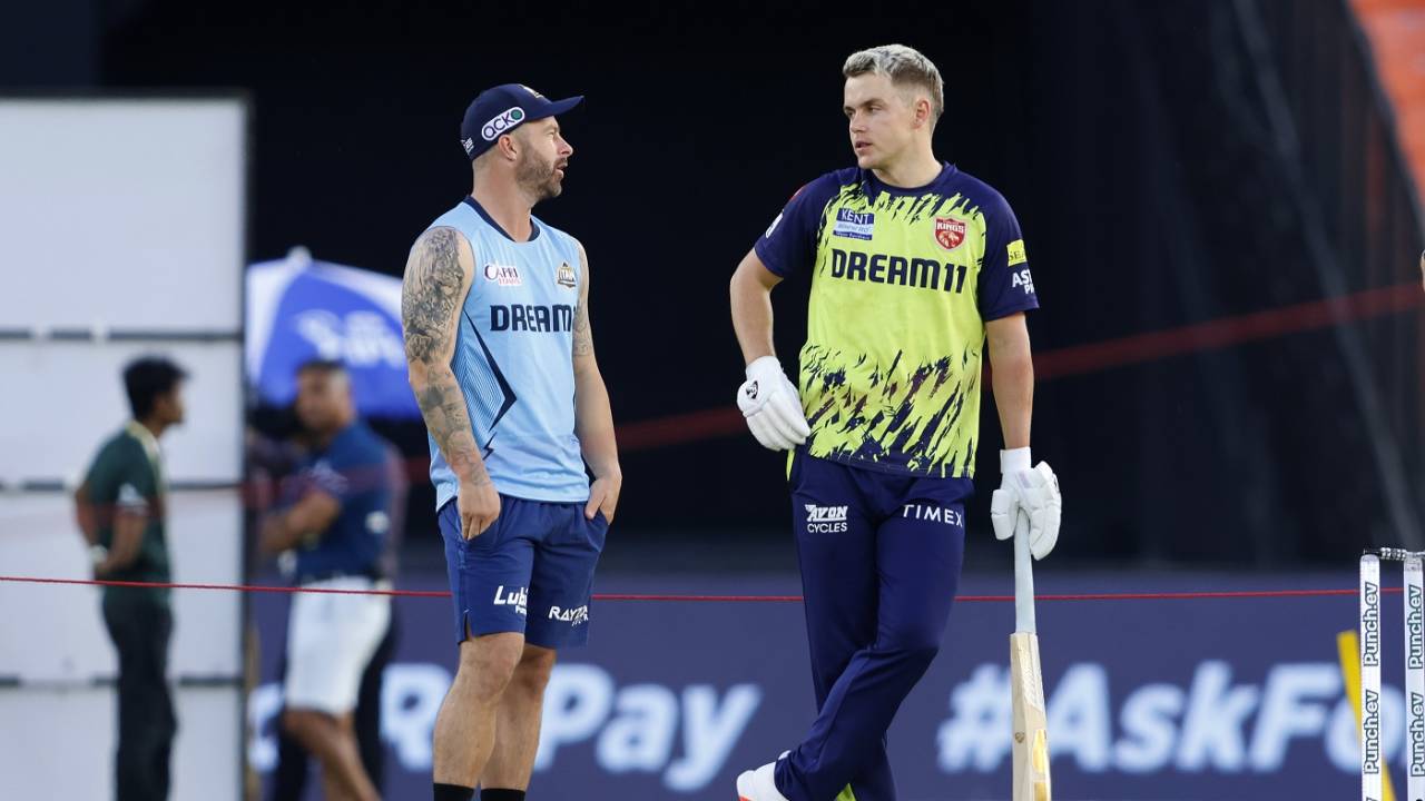 Matthew Wade and Sam Curran in discussion before the Thursday fixture, Gujarat Titans vs Punjab Kings, IPL 2024, Ahmedabad, April 4, 2024