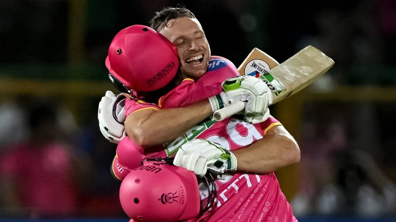 Jos Buttler and Shimron Hetmyer celebrate the century and Rajasthan Royals' win, Rajasthan Royals vs Royal Challengers Bengaluru, IPL 2024, Jaipur, April 6, 2024