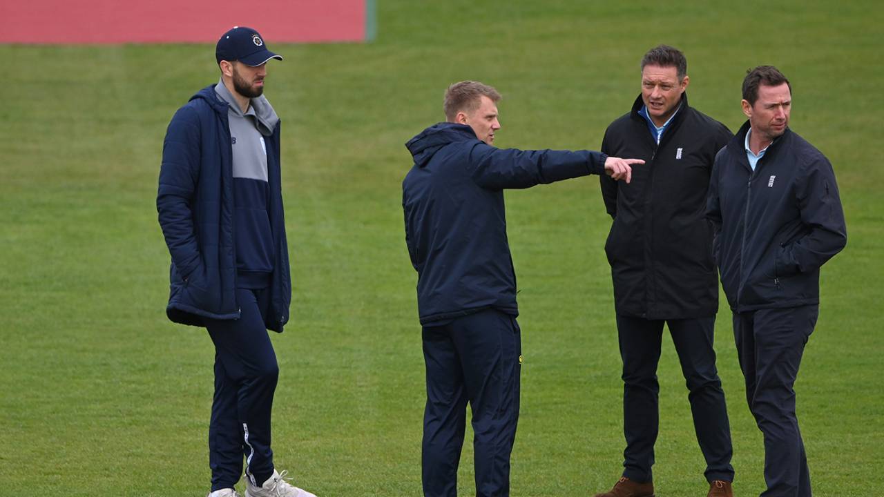 Scott Borthwick chats to umpires Richard Kettleborough and Rob White while James Vince looks on, Durham vs Hampshire, Vitality County Championship Division One, Day 4, April 8, 2024