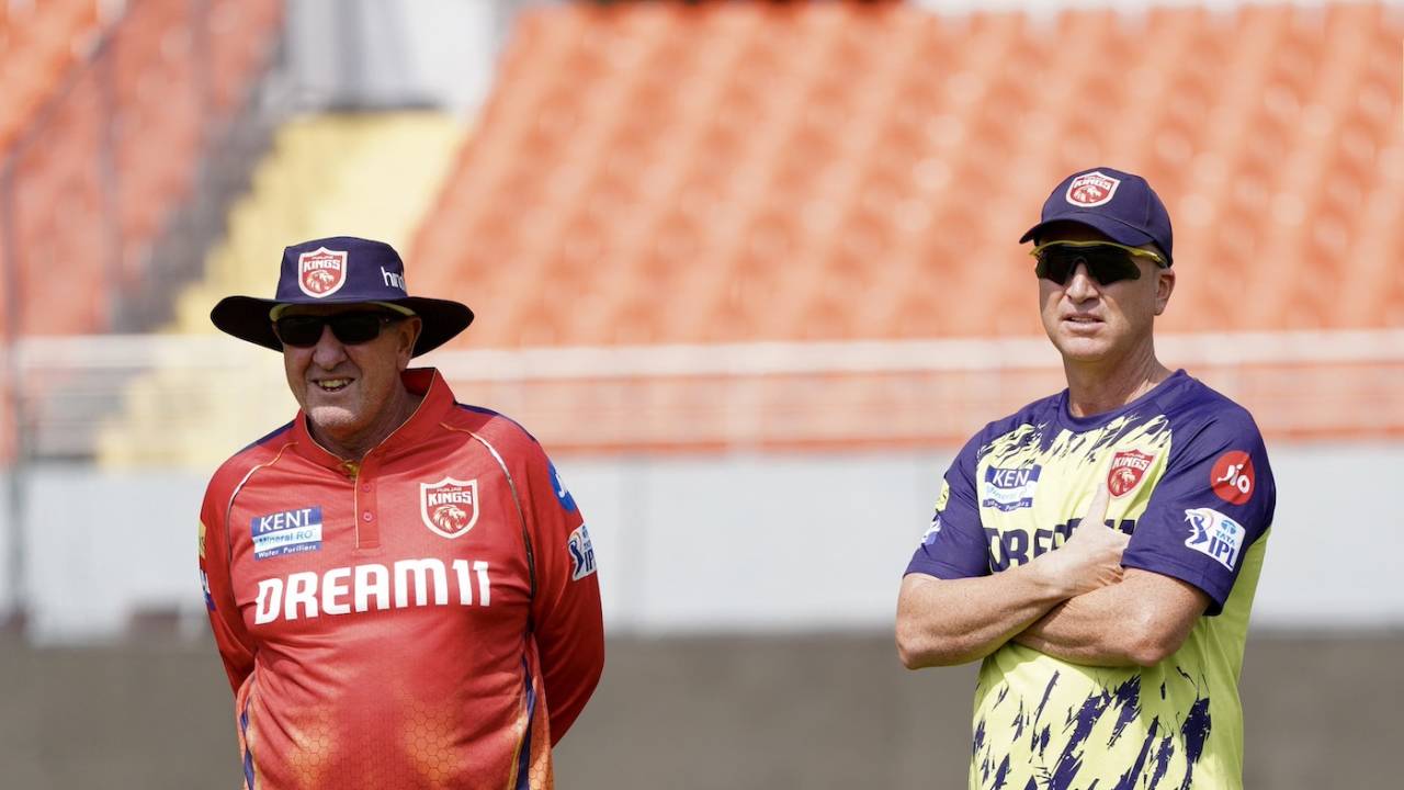 Punjab Kings head coach Trevor Bayliss and assistant coach Brad Haddin at a training session, IPL 2024, Mullanpur, April 8, 2024