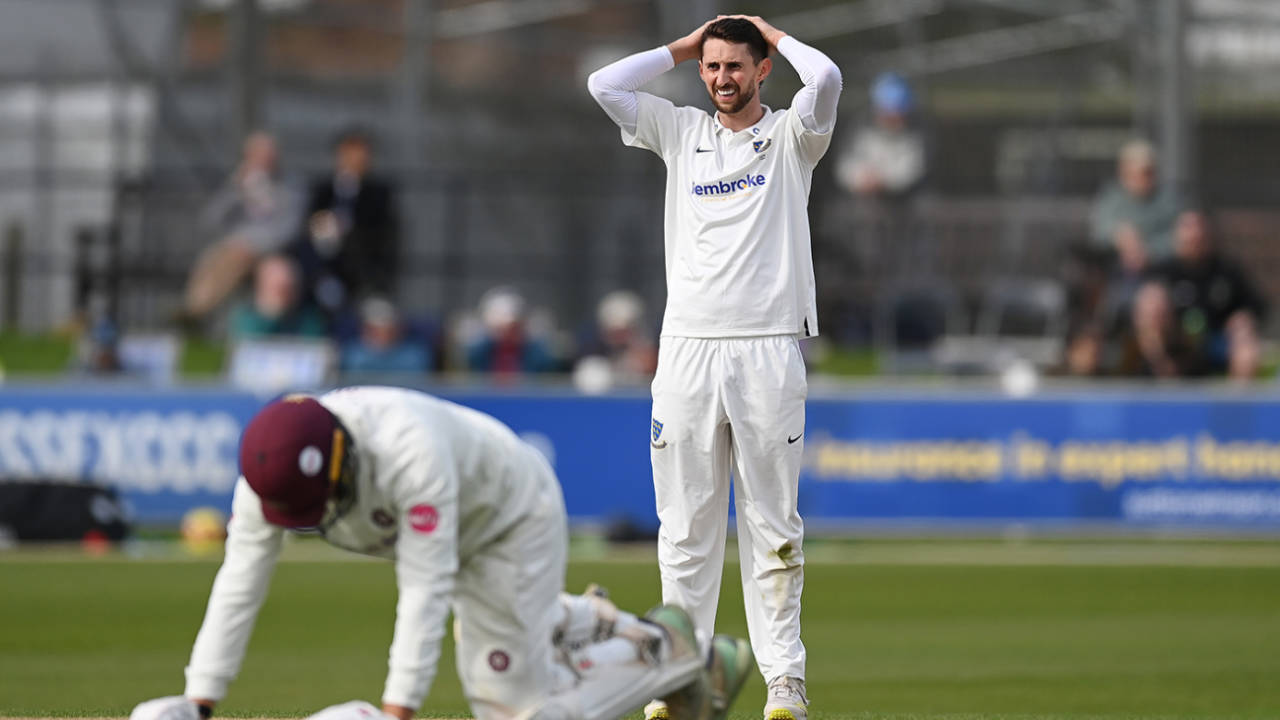 Fynn Hudson-Prentice reacts to a missed run-out chance, Sussex vs Northamptonshire, County Championship, Division Two, Hove, April 5, 2024