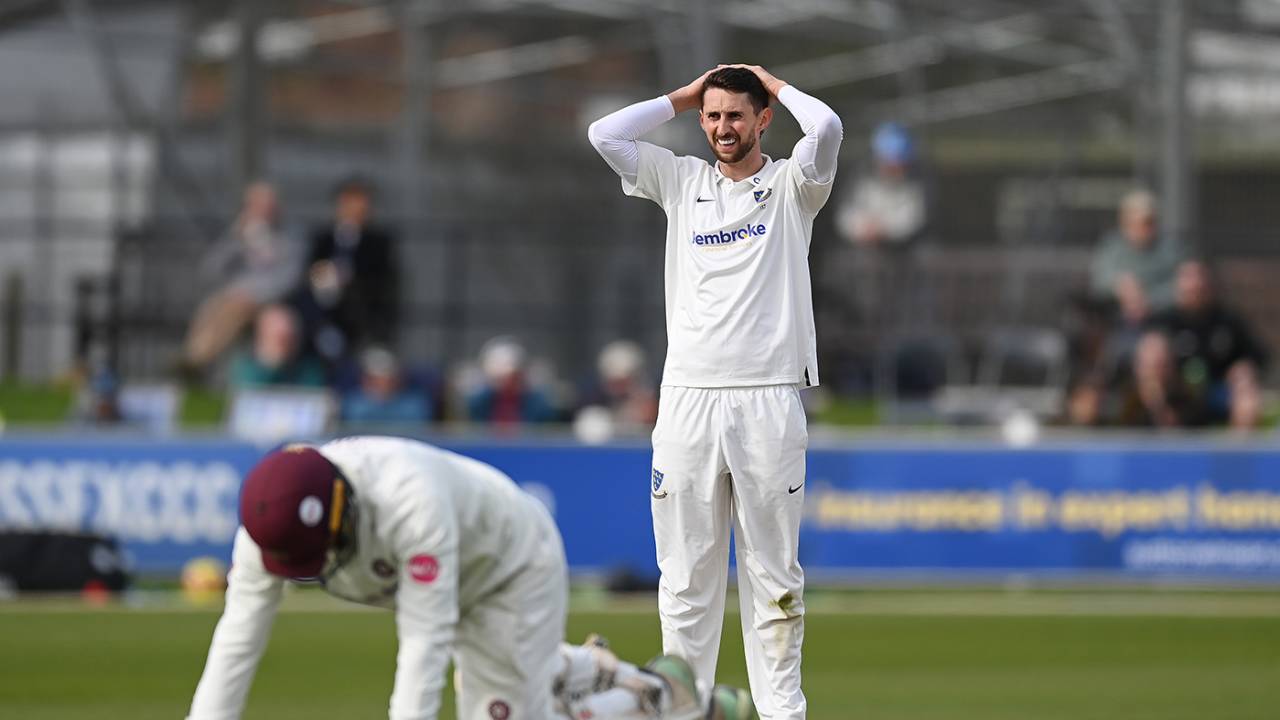 Fynn Hudson-Prentice reacts to a missed run-out chance