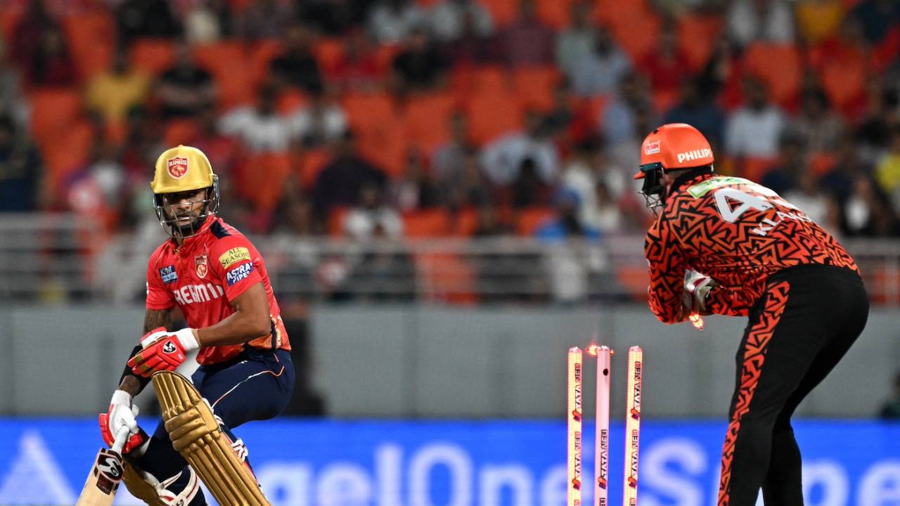 Shikhar Dhawan stepped out to to be stumped in no time by Heinrich Klaasen, Punjab Kings vs Sunrisers Hyderabad, IPL 2024, Mullanpur, April 9, 2024