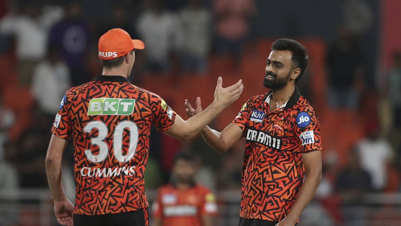 Jaydev Unadkat is congratulated by Pat Cummins for doing the job in the final over