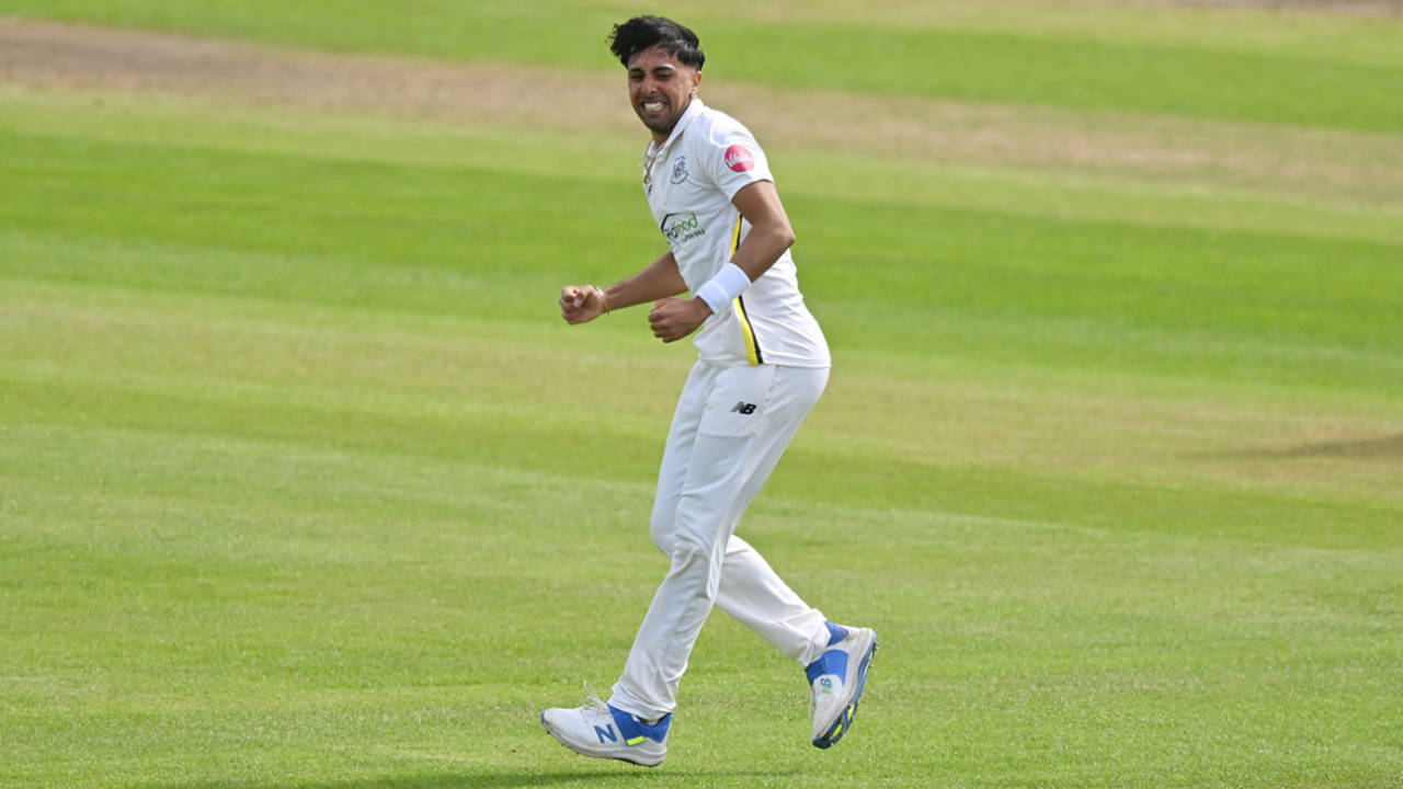 Ajeet Singh Dale celebrates an early wicket, Gloucestershire vs Yorkshire, County Championship, Division Two, Bristol, April 12, 2024