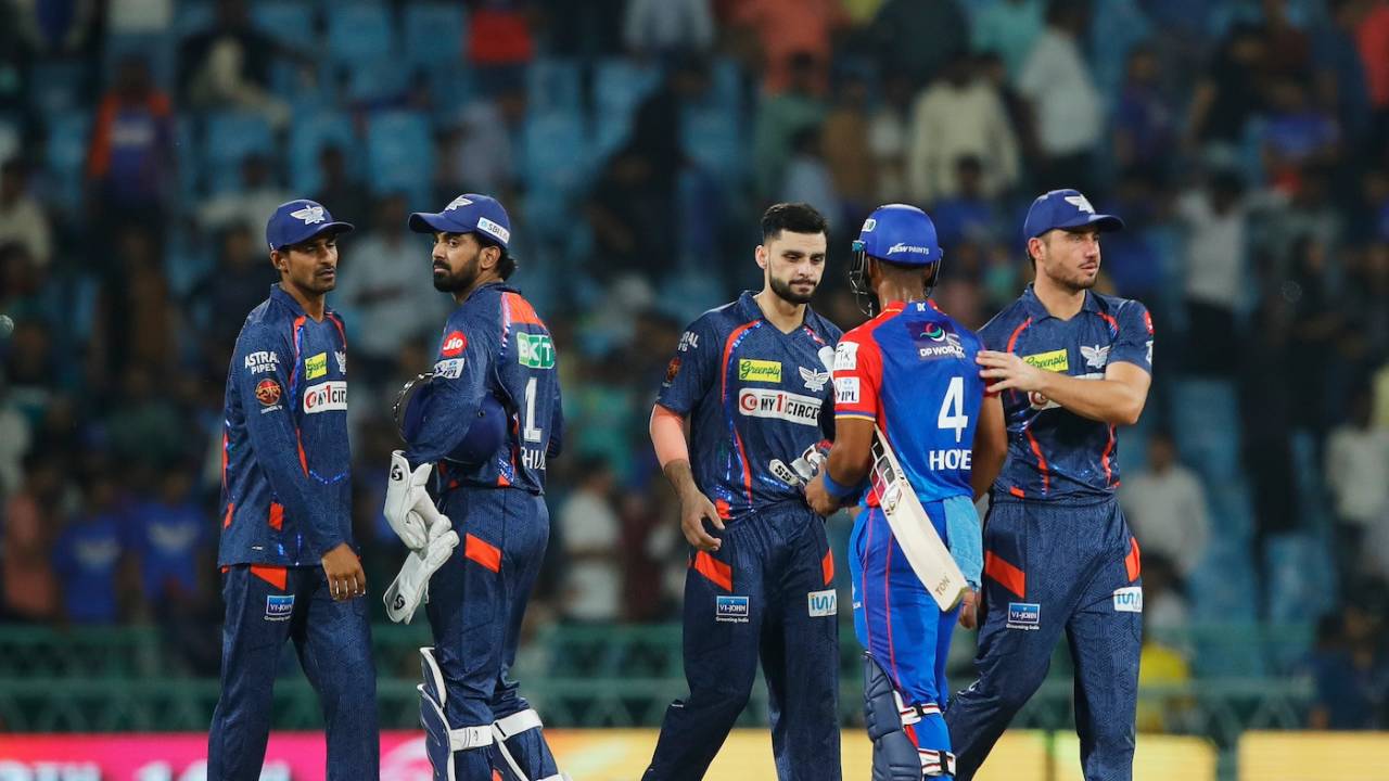 A dejected Lucknow Super Giants side shakes hands with Shai Hope