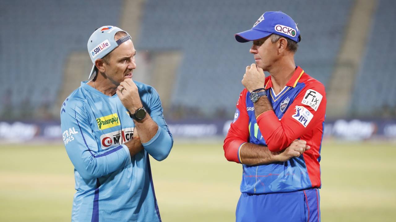 Old mates Justin Langer and Ricky Ponting catch up after the game, Lucknow Super Giants vs Delhi Capitals, IPL 2024, Lucknow, April 12, 2024