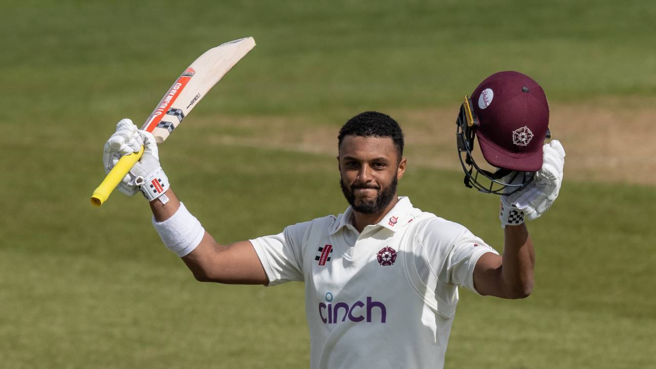Emilio Gay brought up his double-century on the second day at Wantage Road, Northamptonshire vs Middlesex, County Championship, Division Two, Wantage Road, April 13, 2024