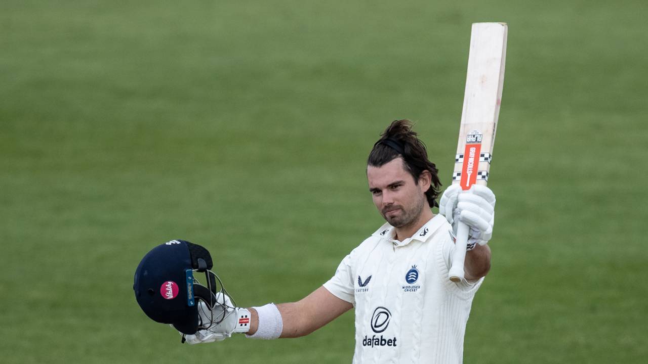 Max Holden celebrates after reaching three figures, Northamptonshire vs Middlesex, County Championship, Division Two, Wantage Road, April 14, 2024