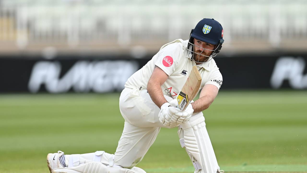 Ben Raine hit an aggressive 93 but couldn't save the follow on, Warwickshire vs Durham, County Championship, Division One, Edgbaston, April 14, 2024