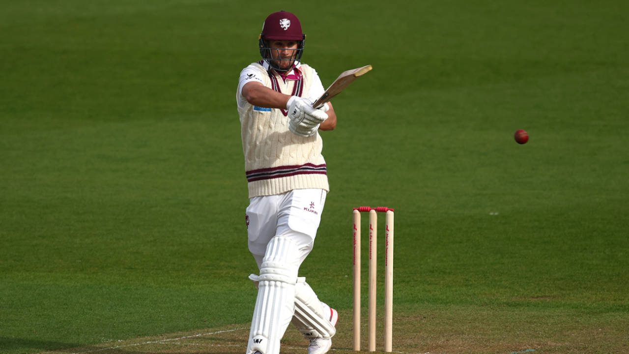 Lewis Gregory swings one leg side, Surrey vs Somerset, Vitality County Championship, Division One, Kia Oval, April 12, 2024
