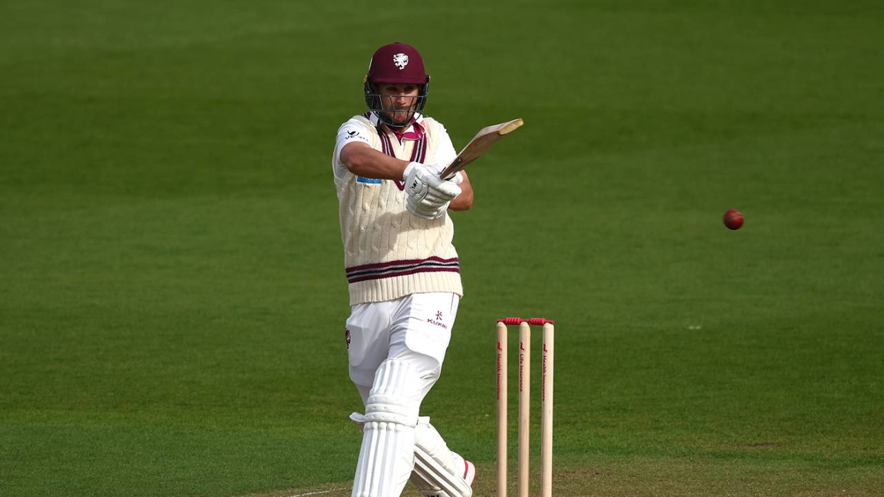 Lewis Gregory swings one leg side, Surrey vs Somerset, Vitality County Championship, Division One, Kia Oval, April 12, 2024