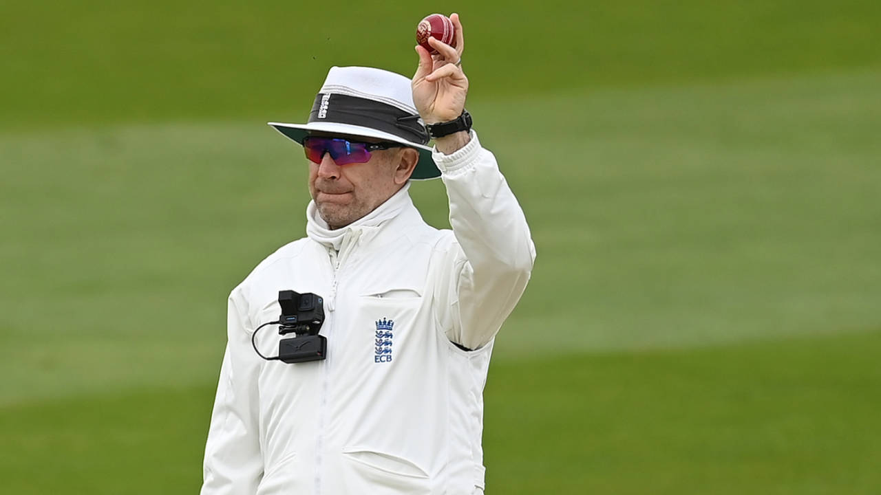 James Middlebrook holds up the new Kookaburra ball after 80 overs, Middlesex vs Glamorgan, County Championship, Division Two, April 8, 2024