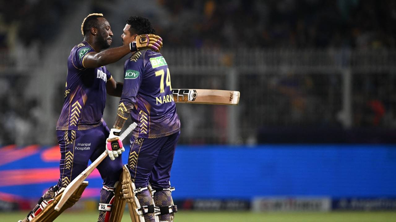 Andre Russell and Sunil Narine embrace after the latter's hundred