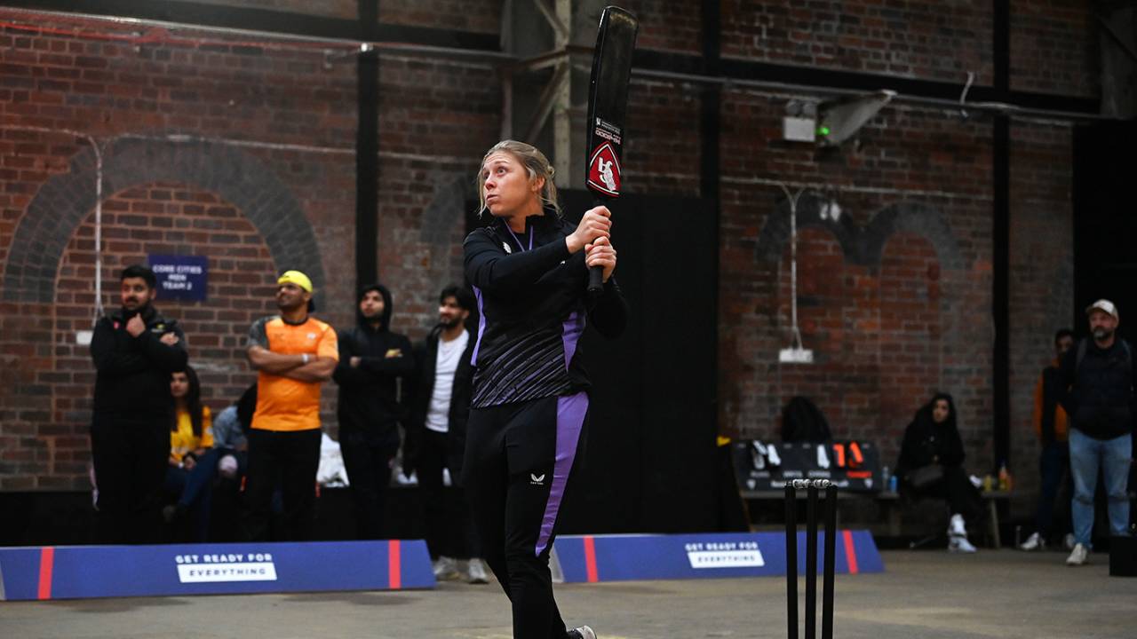 Heather Knight bats at the ECB's launch of a national tape-ball competition in Birmingham, April 18, 2024