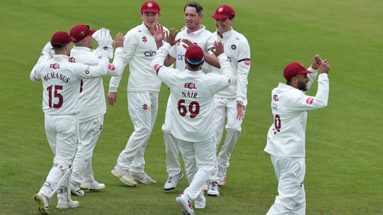 Chris Tremain is congratulated by his team-mates, Northamptonshire vs Glamorgan, County Championship, Division Two, Wantage Road, April 19, 2024