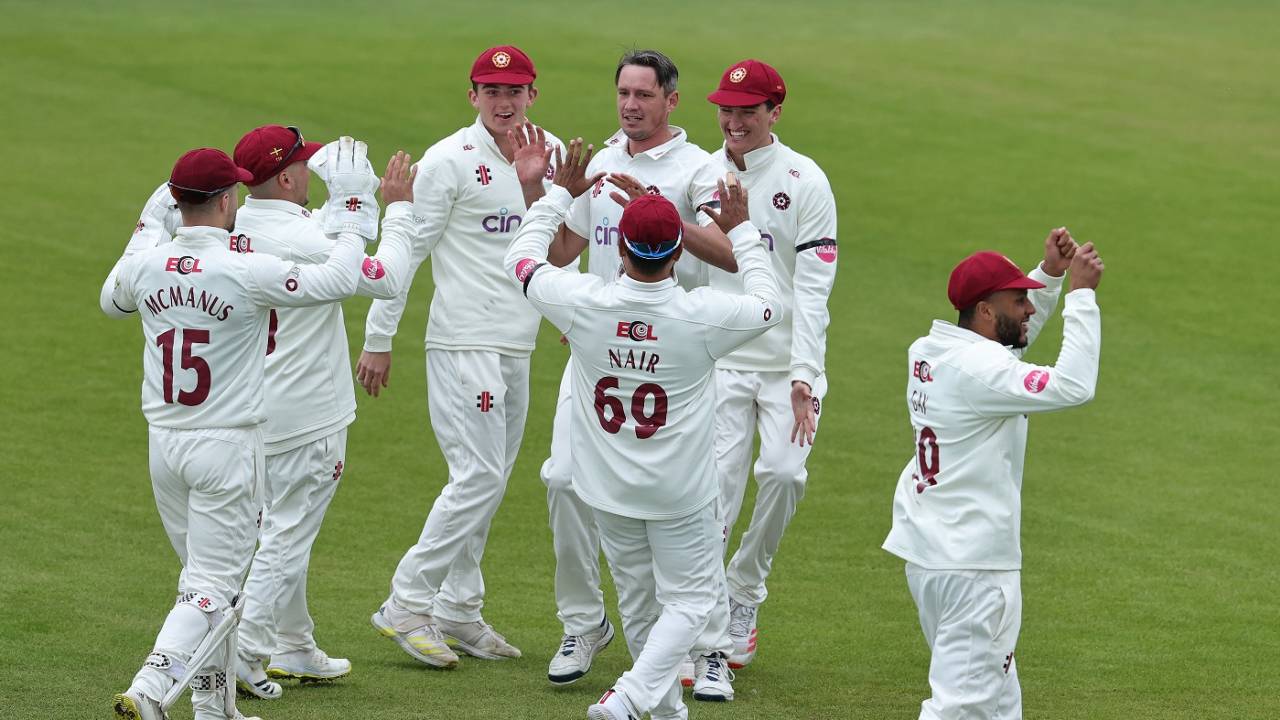 Chris Tremain is congratulated by his team-mates, Northamptonshire vs Glamorgan, County Championship, Division Two, Wantage Road, April 19, 2024