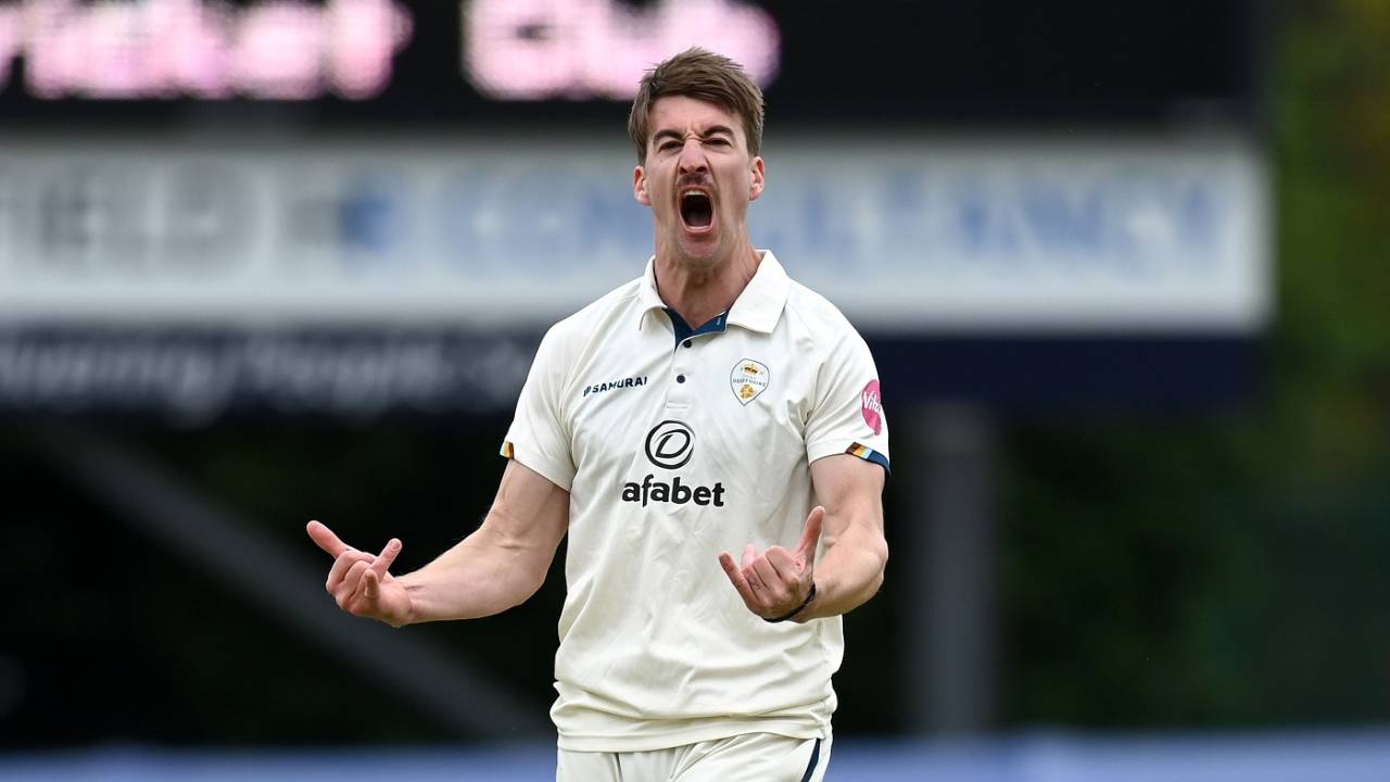 Blair Tickner roars in delight, Derbyshire vs Leicestershire, County Championship, Division Two, Derby, April 19, 2024