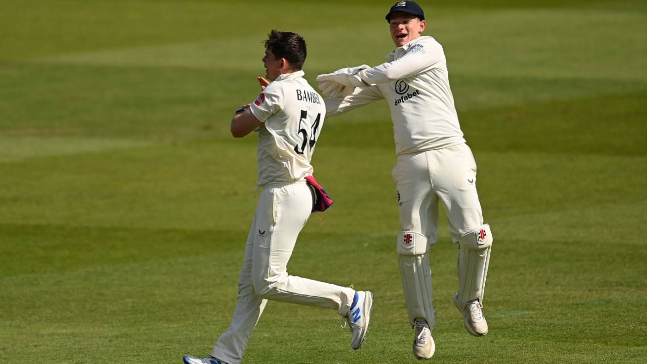 Ethan Bamber is congratulated by Jack Davies on the wicket of Harry Brook&nbsp;&nbsp;&bull;&nbsp;&nbsp;Getty Images
