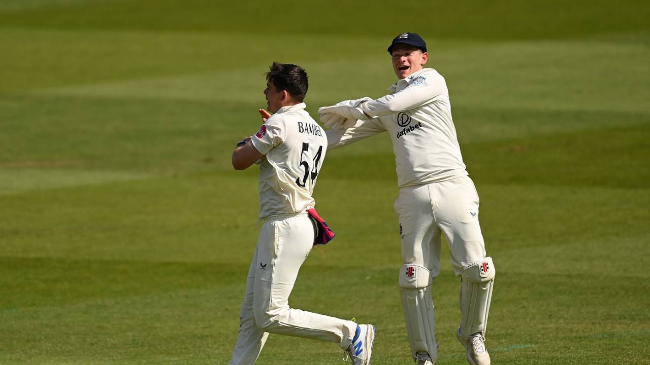 Ethan Bamber is congratulated by Jack Davies on the wicket of Harry Brook, Middlesex vs Yorkshire, County Championship, Division Two, Lord's, April 19, 2024