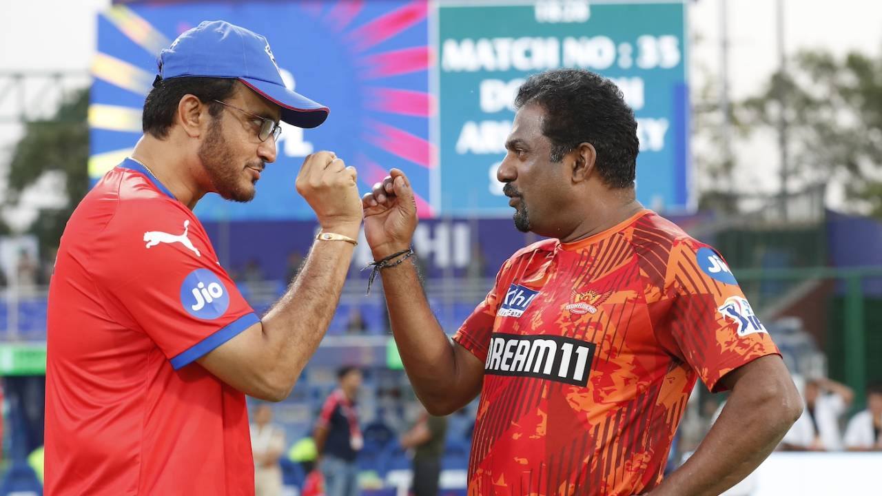 Sourav Ganguly and Muthiah Muralidaran catch up before the game, Delhi Capitals vs Sunrisers Hyderabad, IPL 2024, Delhi, April 20, 2024