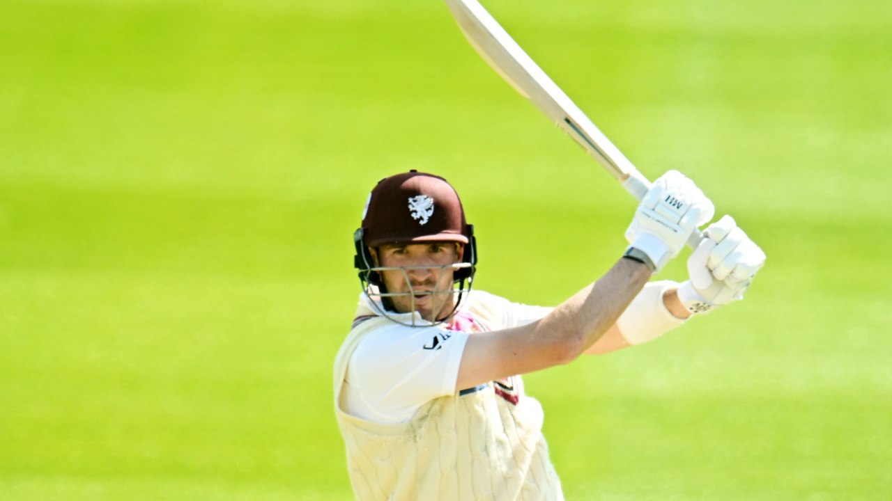 Craig Overton drives during his innings of 95 not out, Somerset vs Nottinghamshire, Vitality County Championship, Division One, Taunton, April 20, 2024