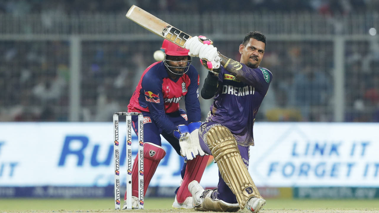 Purple, gold and merciless: Narine gets going in the game against Rajasthan Royals where he made a hundred&nbsp;&nbsp;&bull;&nbsp;&nbsp;AFP/Getty Images