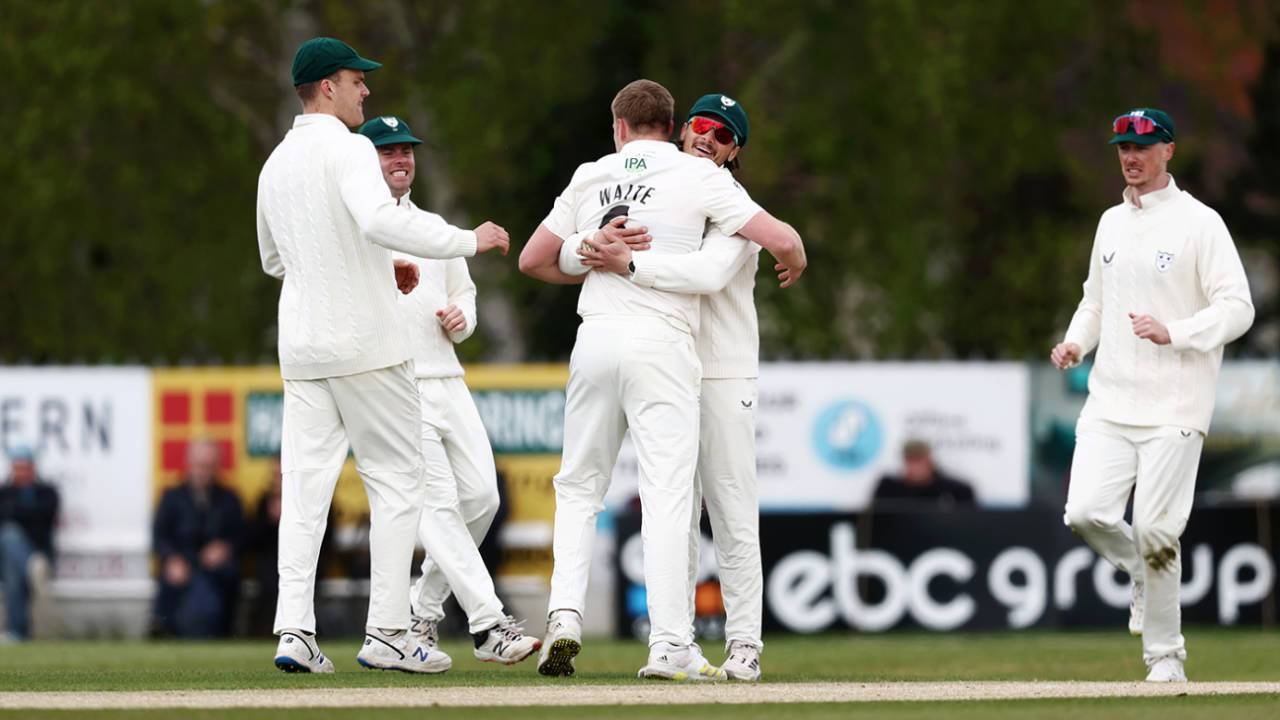 Matt Waite celebrates a breakthrough with his team-mates, Worcestershire vs Somerset, County Championship, Division One, Kidderminster, April 26, 2024