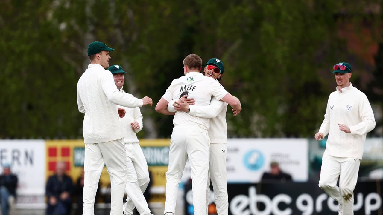 Matt Waite celebrates a breakthrough with his team-mates, Worcestershire vs Somerset, County Championship, Division One, Kidderminster, April 26, 2024