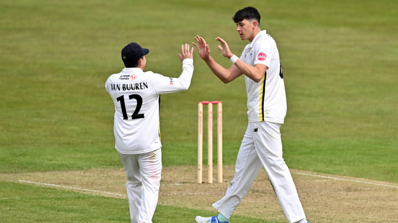 Dominic Goodman celebrates a wicket, Gloucestershire vs Middlesex, Vitality County Championship, Division Two, Bristol, April 26, 2024