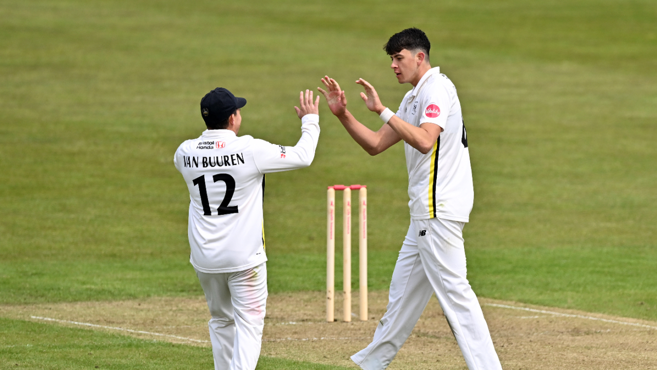 Dominic Goodman celebrates a wicket, Gloucestershire vs Middlesex, Vitality County Championship, Division Two, Bristol, April 26, 2024