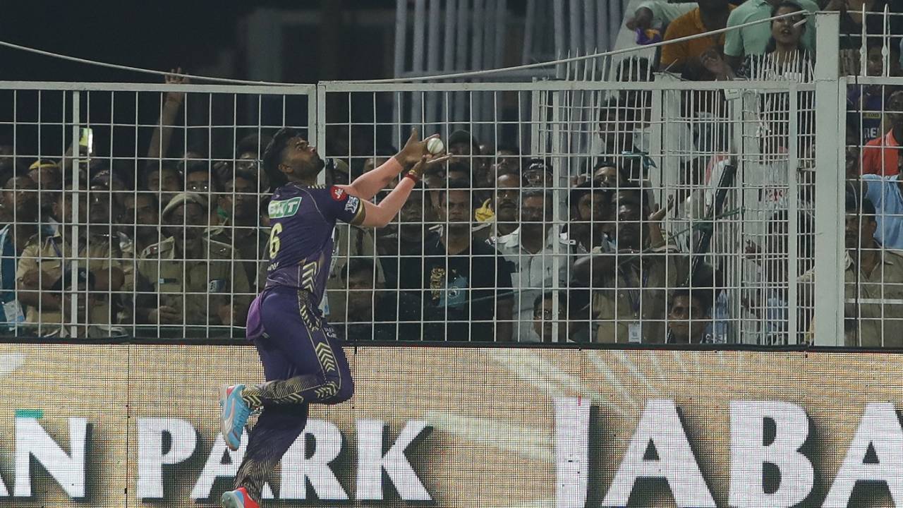Anukul Roy very nearly took a catch but instead the ball went over for six, Kolkata Knight Riders vs Punjab Kings, IPL 2024, Kolkata, April 26, 2024