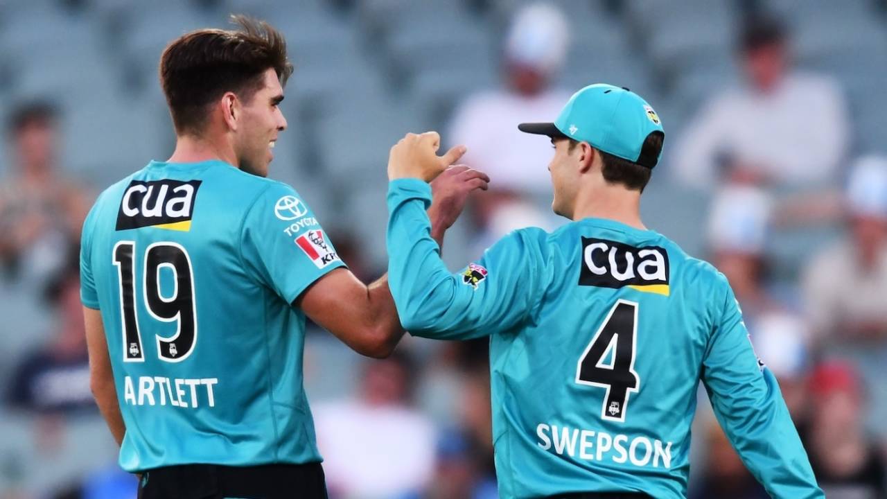 Xavier Bartlett and Mitchell Swepson celebrate a wicket, Adelaide Strikers vs Brisbane Heat, Adelaide Oval, Big Bash League, January 21, 2021