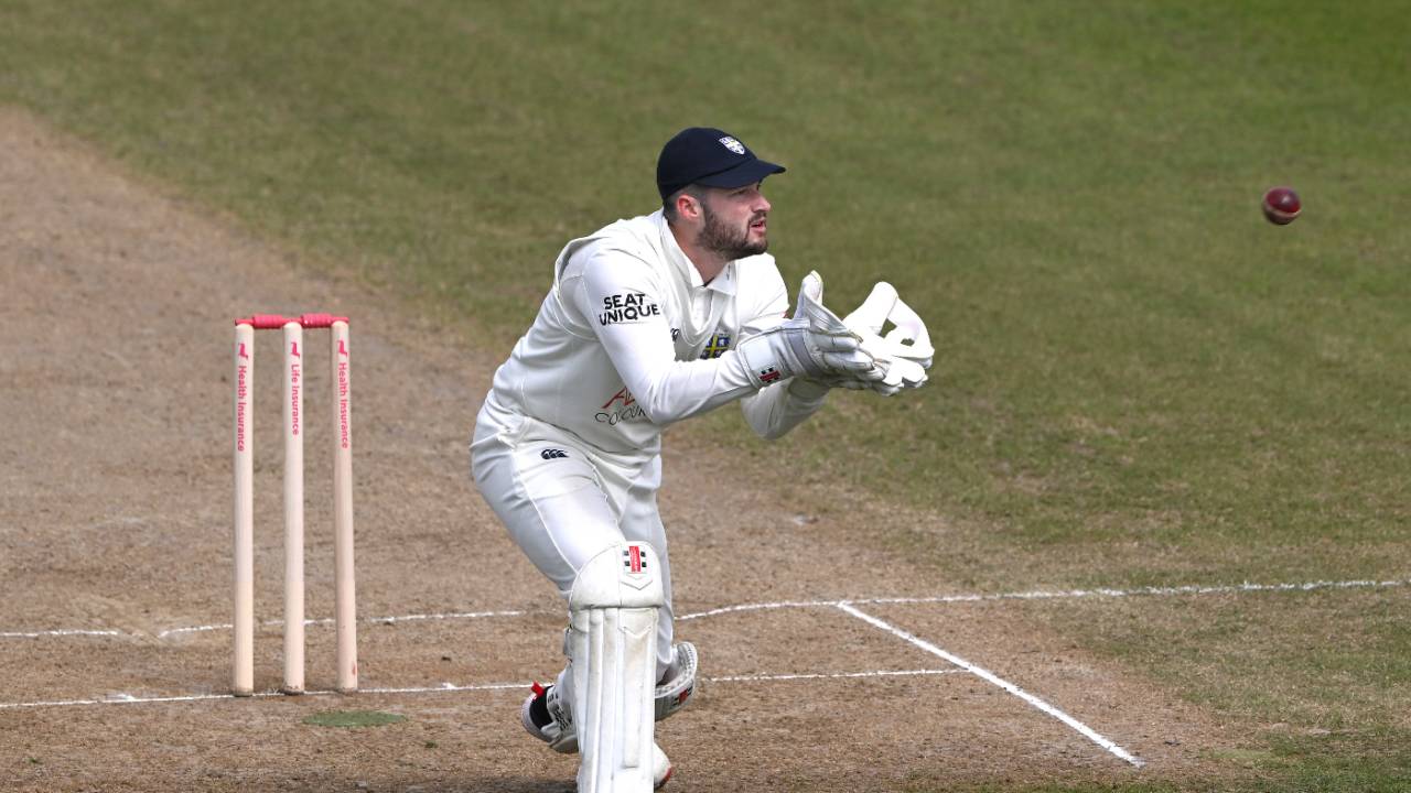 Durham's Ollie Robinson gathers the ball, Durham vs Essex, County Championship, Division One, Chester-le-Street, April 29, 2024