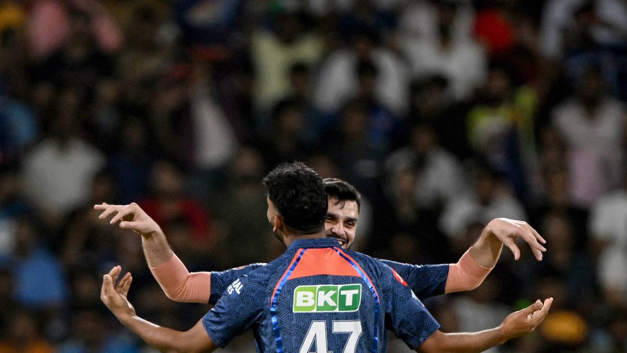 Mohsin Khan and Naveen-ul-Haq's choreographed celebration after Nehal Wadhera's fall, Lucknow Super Giants vs Mumbai Indians, IPL 2024, Lucknow, April 30, 2024 