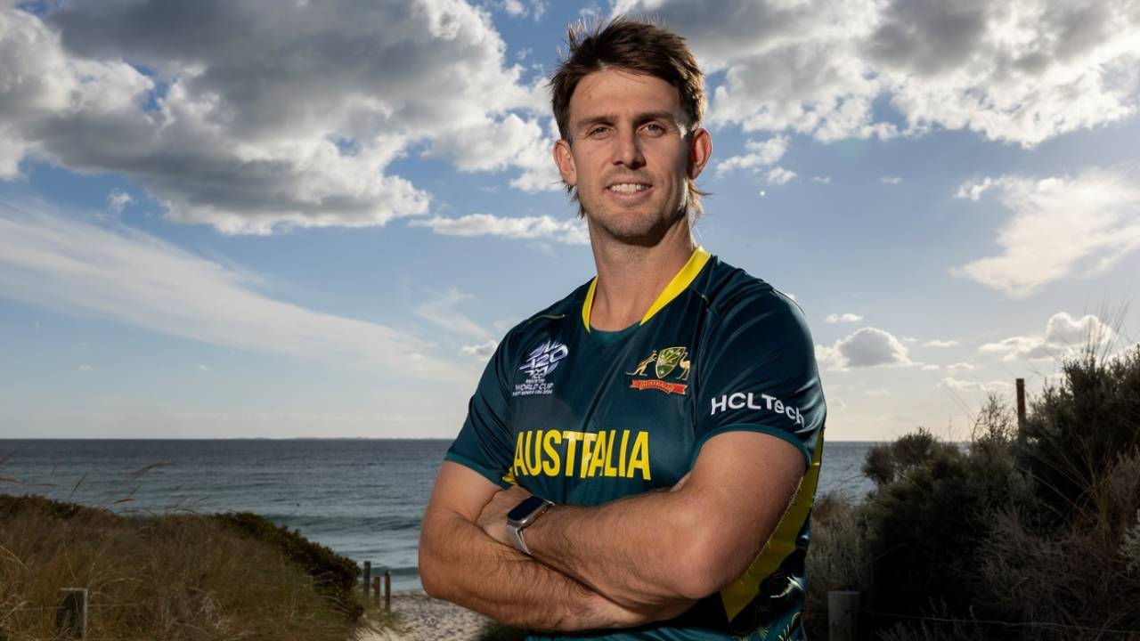 Australia T20I captain Mitchell Marsh poses in their new jersey for the T20 World Cup, Perth, May 1, 2024