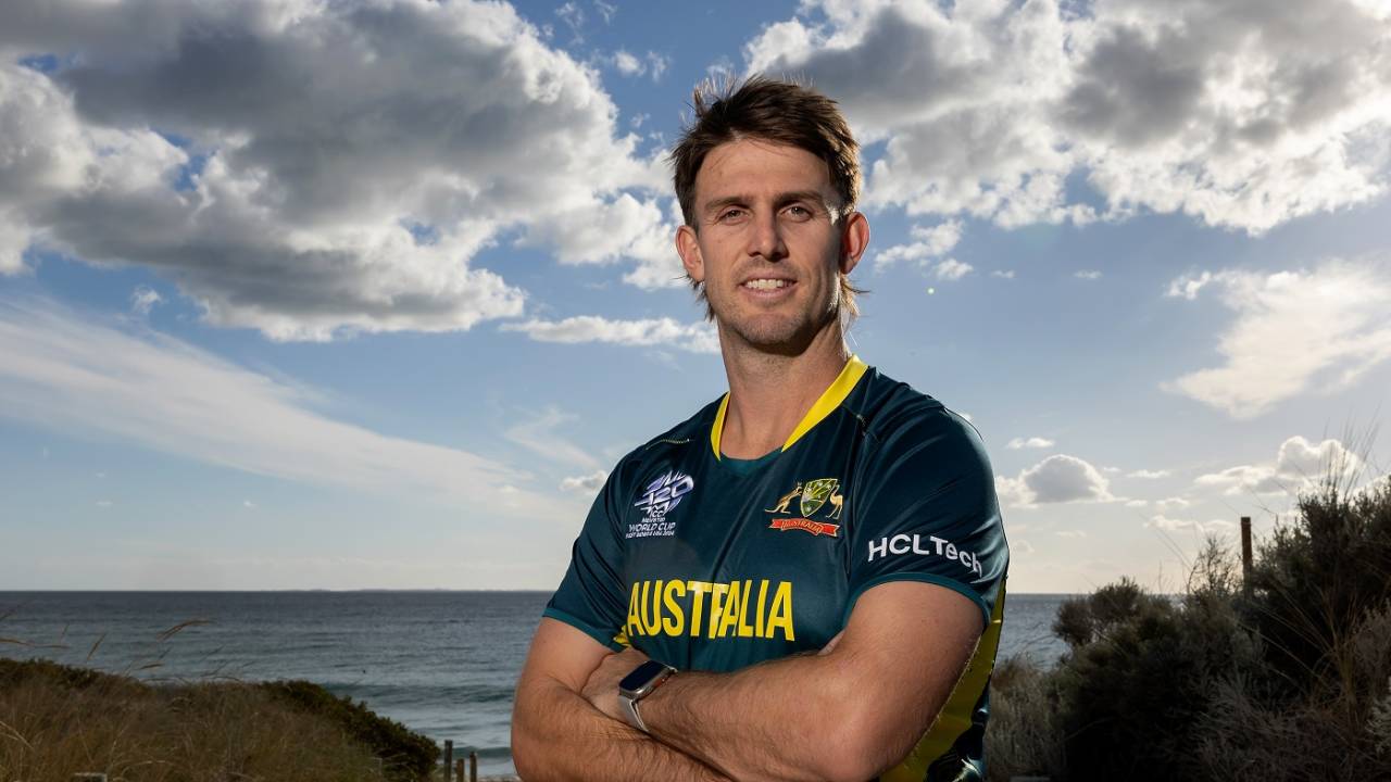 Australia T20I captain Mitchell Marsh poses in their new jersey for the T20 World Cup, Perth, May 1, 2024