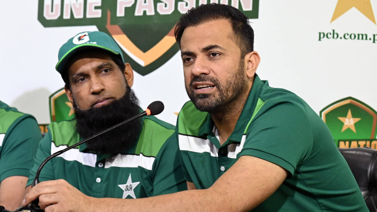 Pakistan selectors Mohammad Yousuf and Wahab Riaz at the announcement of Pakistan's squads for the T20I series against Ireland and England, Lahore, May 2, 2024
