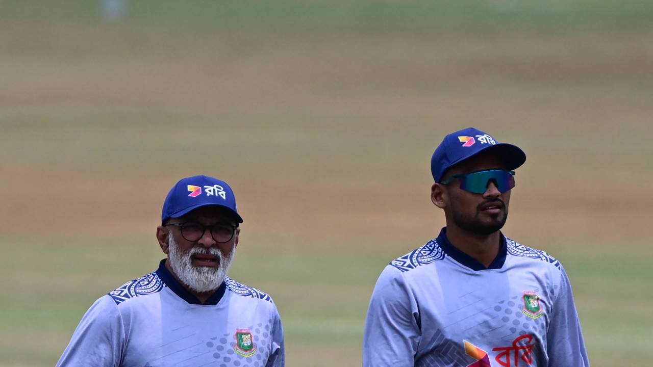 Bangladesh coach Chandika Hathurusinghe and captain Najmul Hossain Shanto at training on the eve of the Zimbabwe series, Chattogram, May 2, 2024