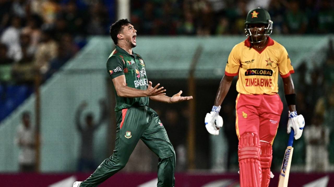 Taskin Ahmed celebrates clive Madande's wicket