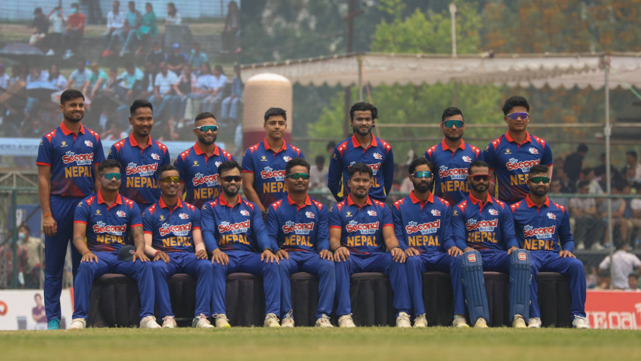 The 15-member Nepal squad for the T20 World Cup poses for an official photo, Kathmandu, May 4, 2024