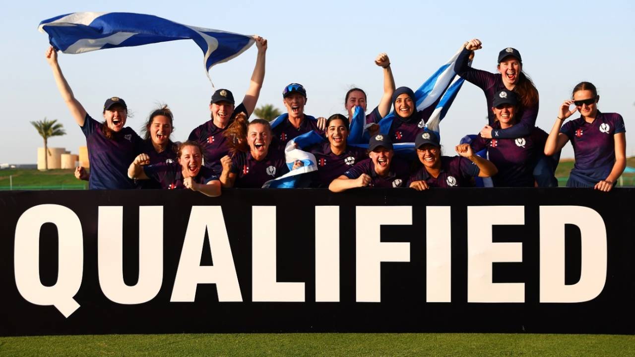 Scotland celebrate after qualifying for their maiden T20 World Cup, Ireland vs Scotland, Women's T20 World Cup Qualifier, 1st semi-final, Abu Dhabi, May 5, 2024