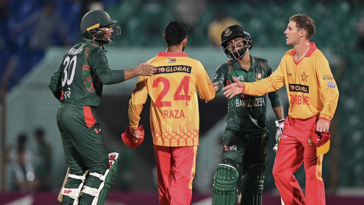 The Bangladesh and Zimbabwe players shake hands after the game, Bangladesh vs Zimbabwe, 2nd T20I, Chattogram, May 5, 2024