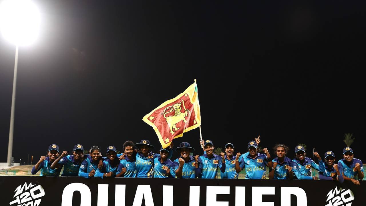 Sri Lanka players pose after securing their T20 World Cup qualification