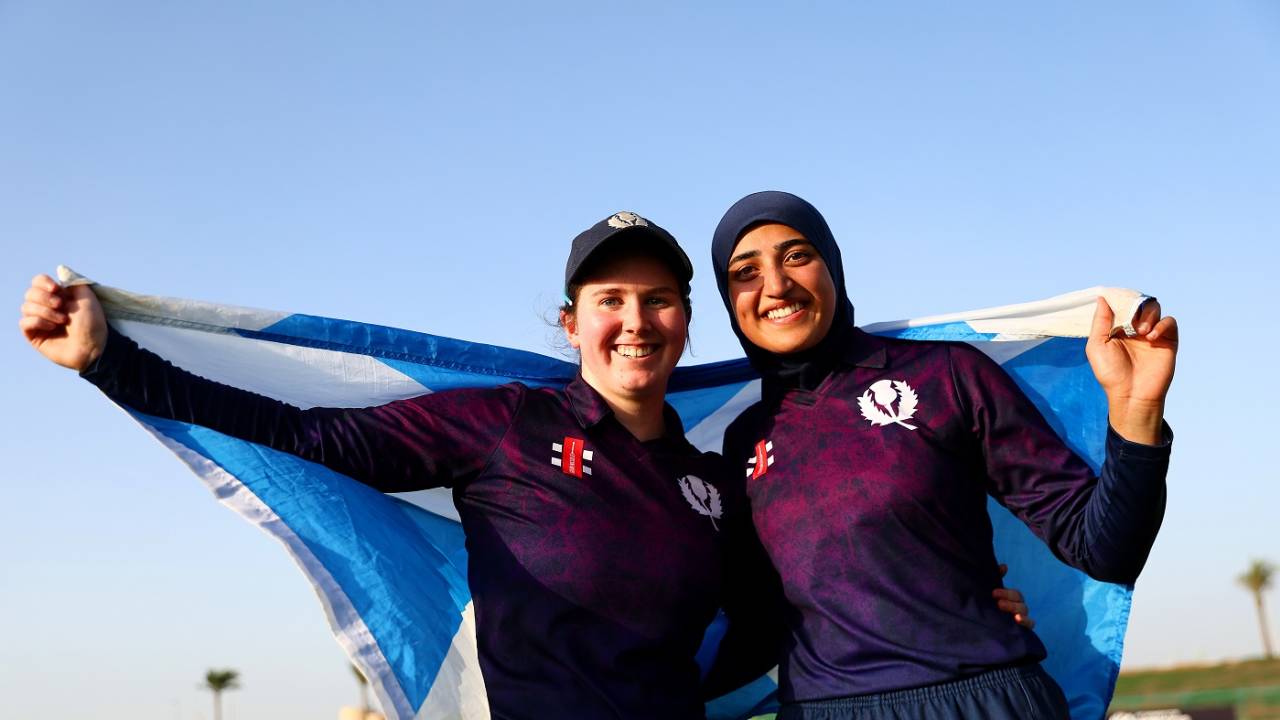 Spin twins Katherine Fraser and Abtaha Maqsood celebrate Scotland's qualification, Ireland vs Scotland, Women's T20 World Cup Qualifier, 1st semi-final, Abu Dhabi, May 5, 2024