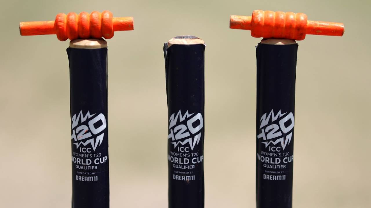 Bails rest on the stumps before the start of game, Ireland vs Scotland, Women's T20 World Cup Qualifier, 1st semi-final, Abu Dhabi, May 5, 2024