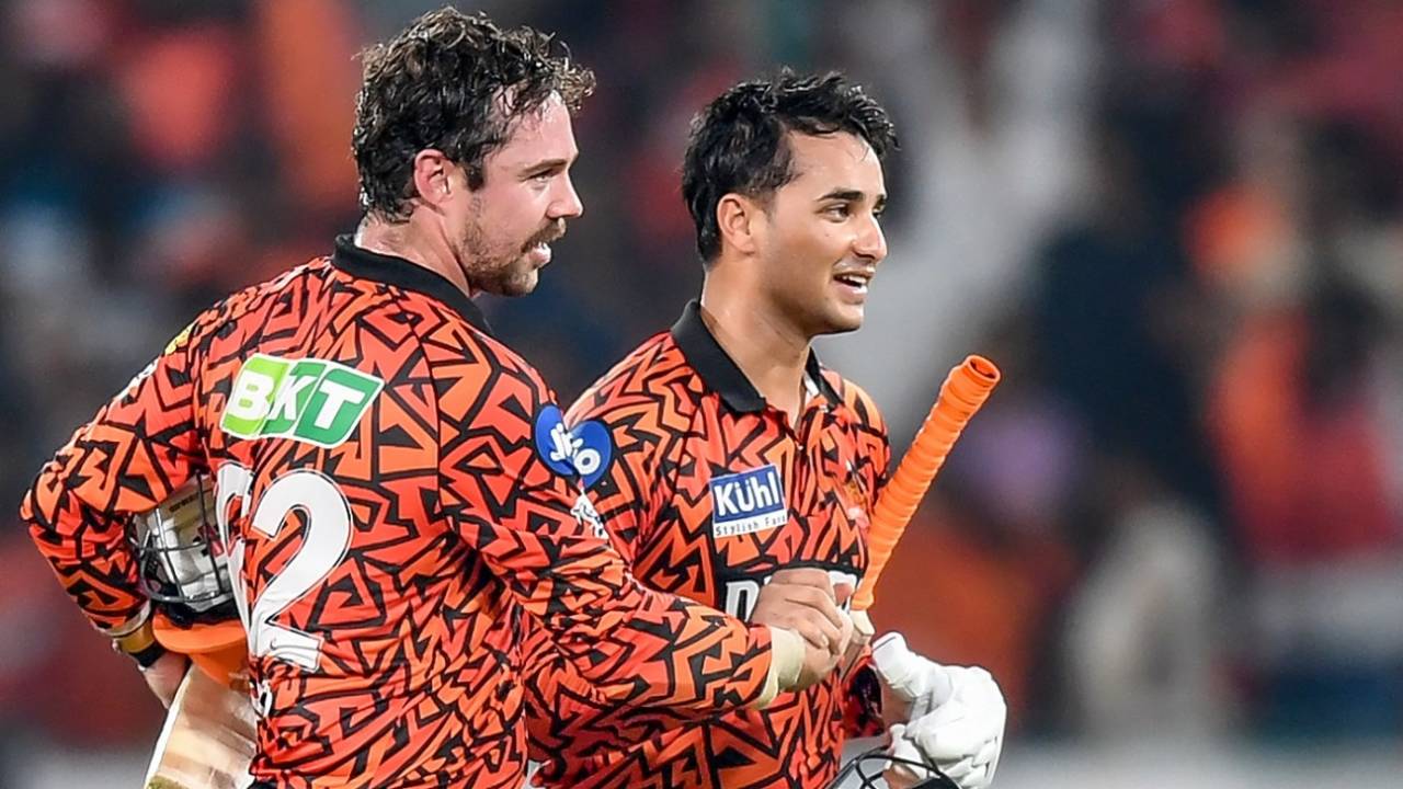 Travis Head and Abhishek Sharma walk back after their demolition job, Sunrisers Hyderabad vs Lucknow Super Giants, IPL 2024, Hyderabad, May 8, 2024