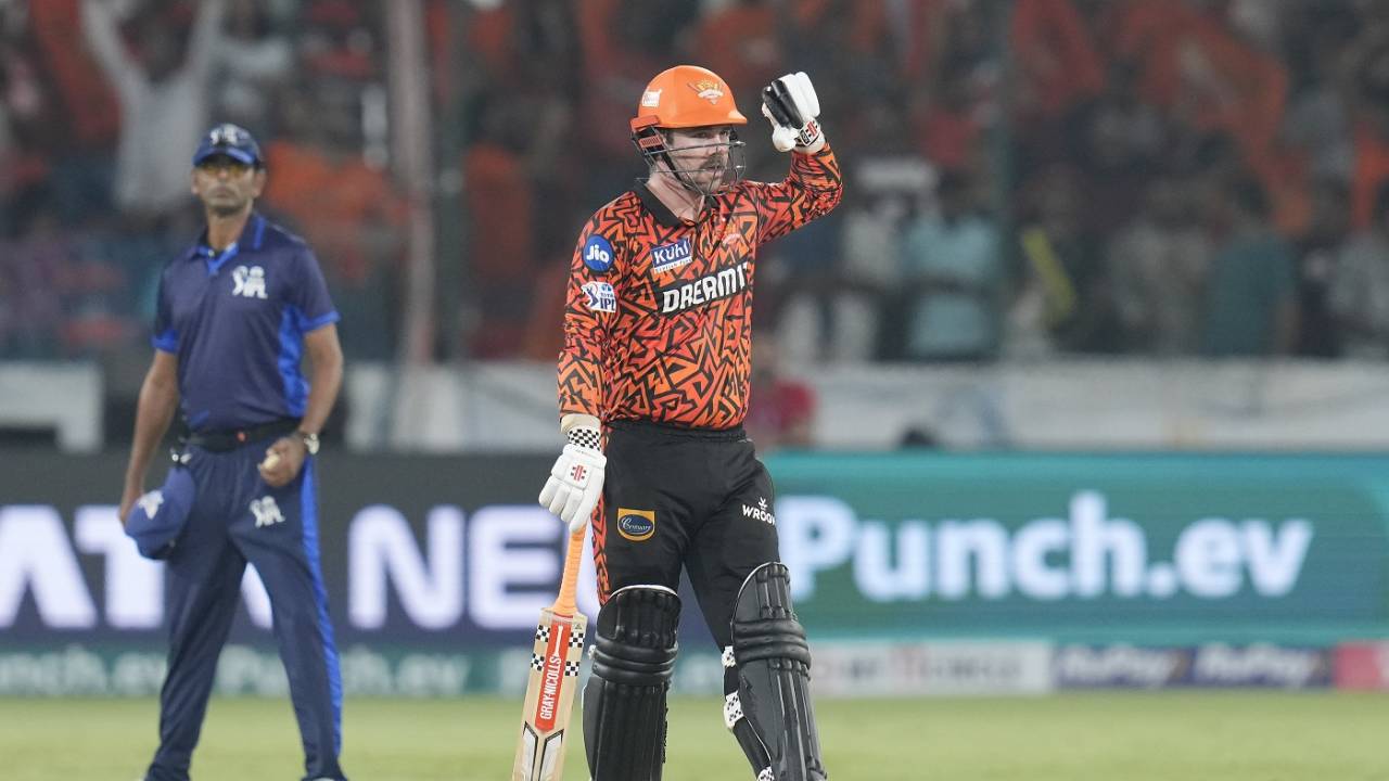 Travis Head celebrates after SRH's ten-wicket win, Sunrisers Hyderabad vs Lucknow Super Giants, IPL 2024, Hyderabad, May 8, 2024