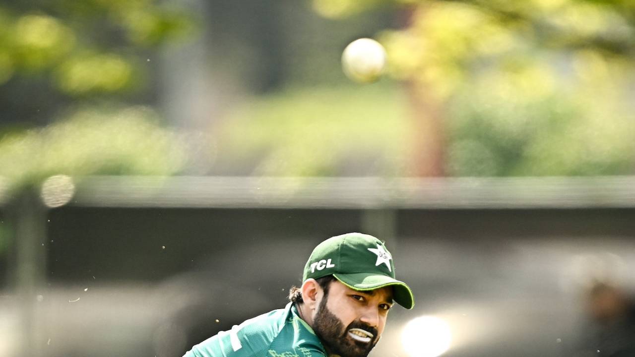 Mohammad Rizwan throws the ball at a training session in Dublin, Ireland, May 9, 2024