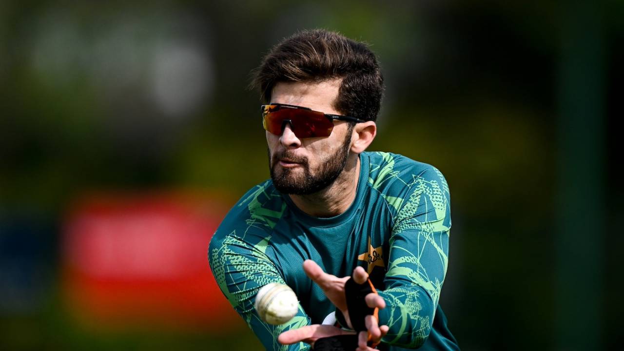 Shaheen Shah Afridi catches the ball at a training session in Dublin, Ireland, May 9, 2024